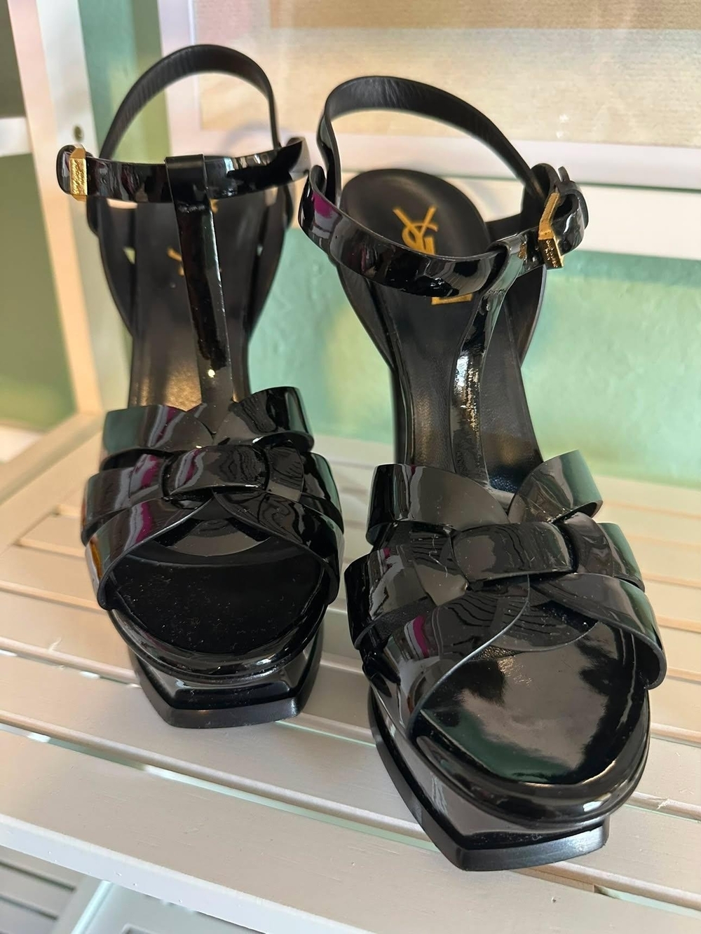 Saint Laurent Black Patent Leather Woven T-Strap Platform Sandals